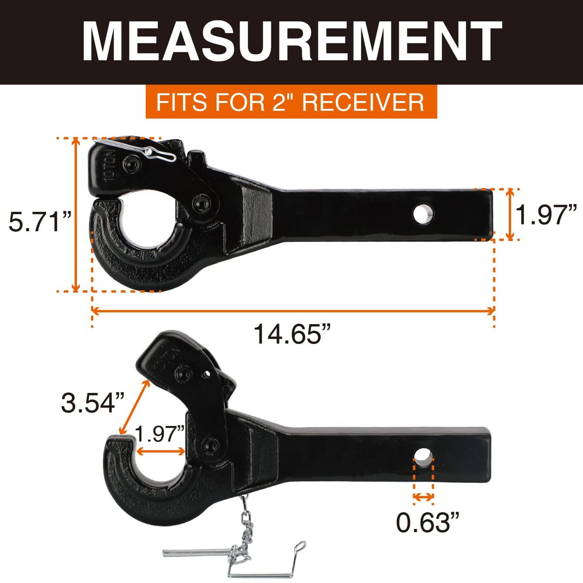 ONLTCO pintle hook close-up of tethered pin and clip for convenience