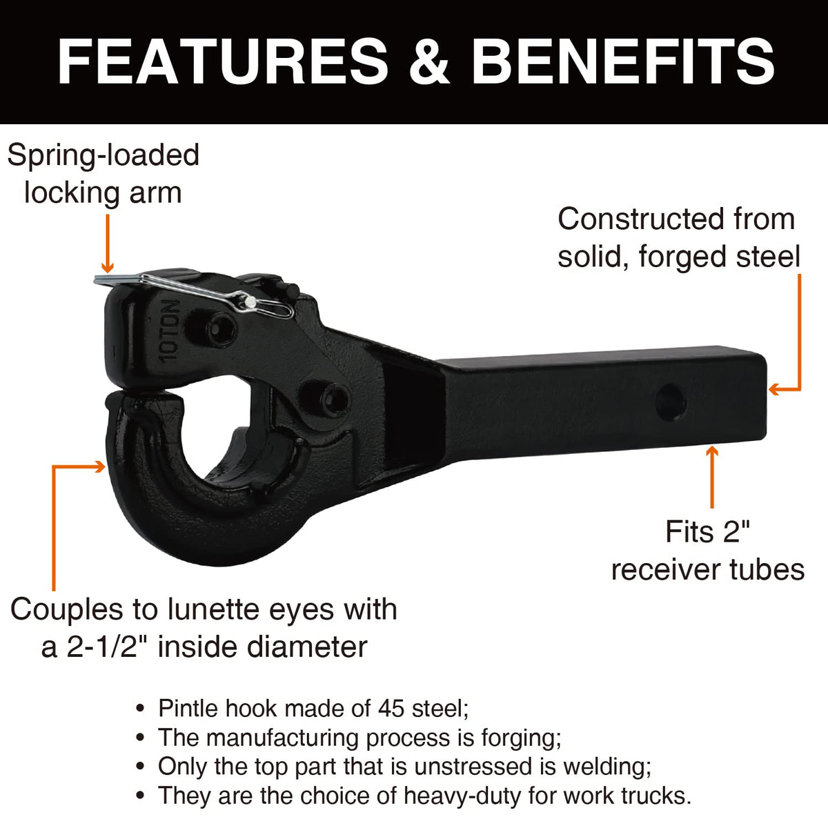 ONLTCO pintle hook side profile showing 14.5 inch length and fit clarity