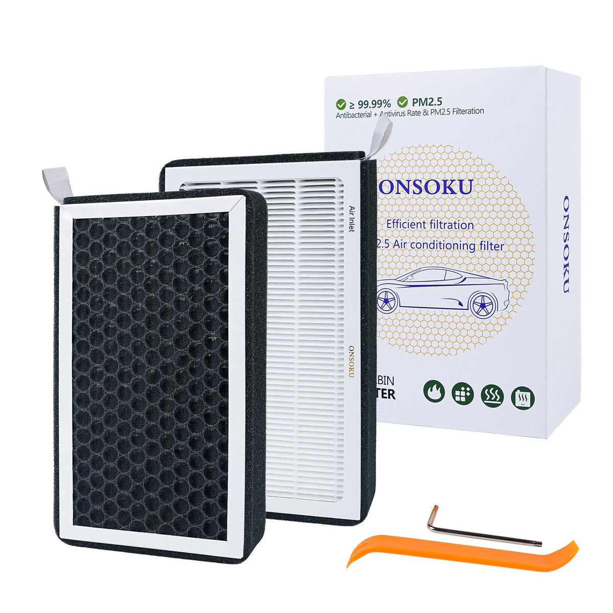 ONSOKU front packaging showing two filters and compatibility label, ensures correct fit