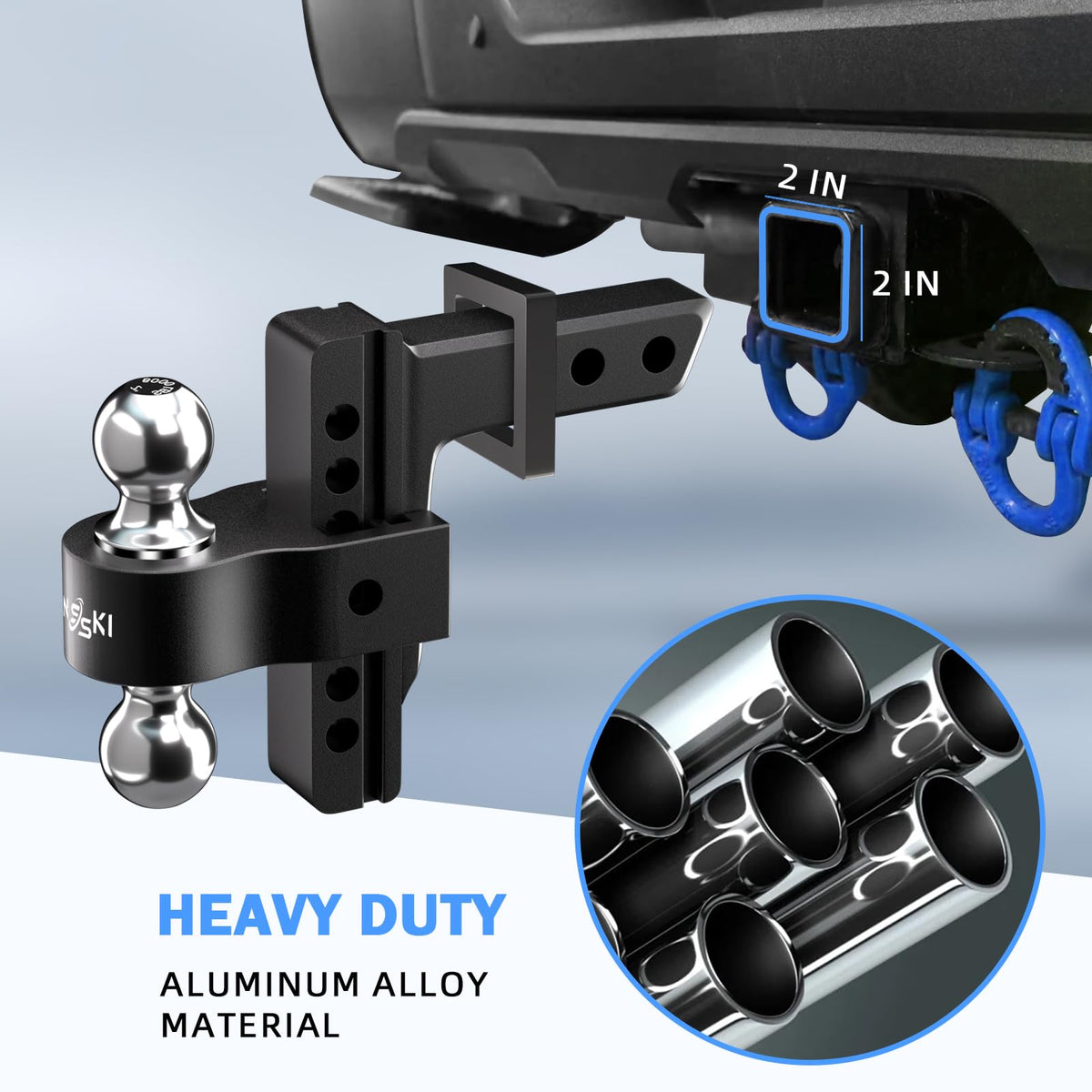 Onsski close-up of dual balls 2" and 2-5/16" highlighting versatile towing options