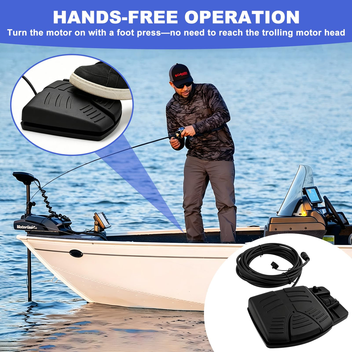 ONTISIV installed on a boat bow illustrating hands-free steering while fishing