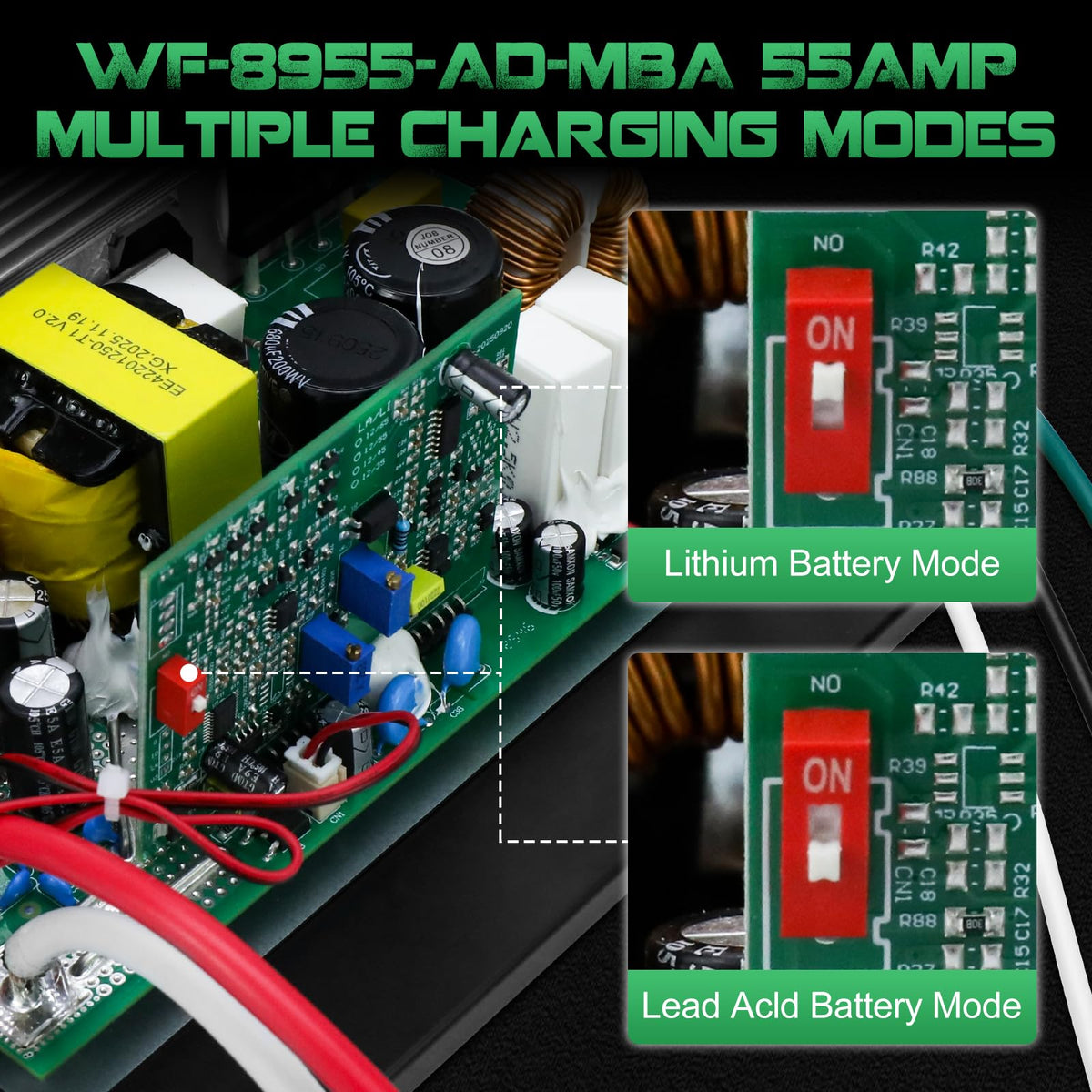 Onylraep WF-8955 close-up of red battery-mode switch for lithium or lead-acid selection