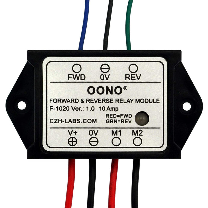 OONO forward and reverse relay module front view showing connectors and compact case, reliable control