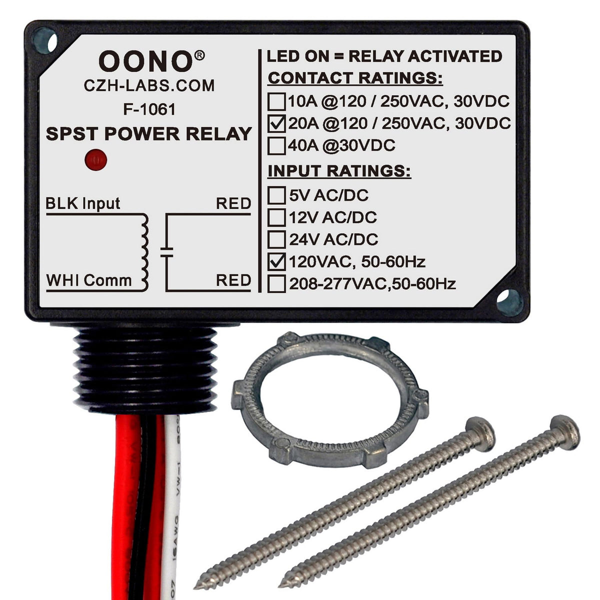OONO relay module front view showing enclosure and mounting holes for quick install
