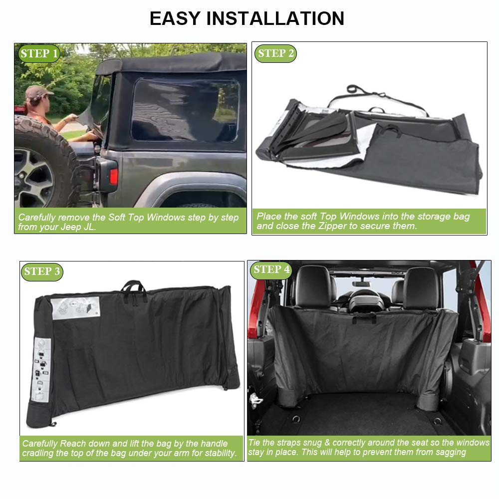 Opall bag mounted on Jeep rear seat headrests to free floor space and secure windows