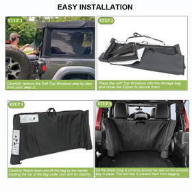 Opall bag mounted on Jeep rear seat headrests to free floor space and secure windows