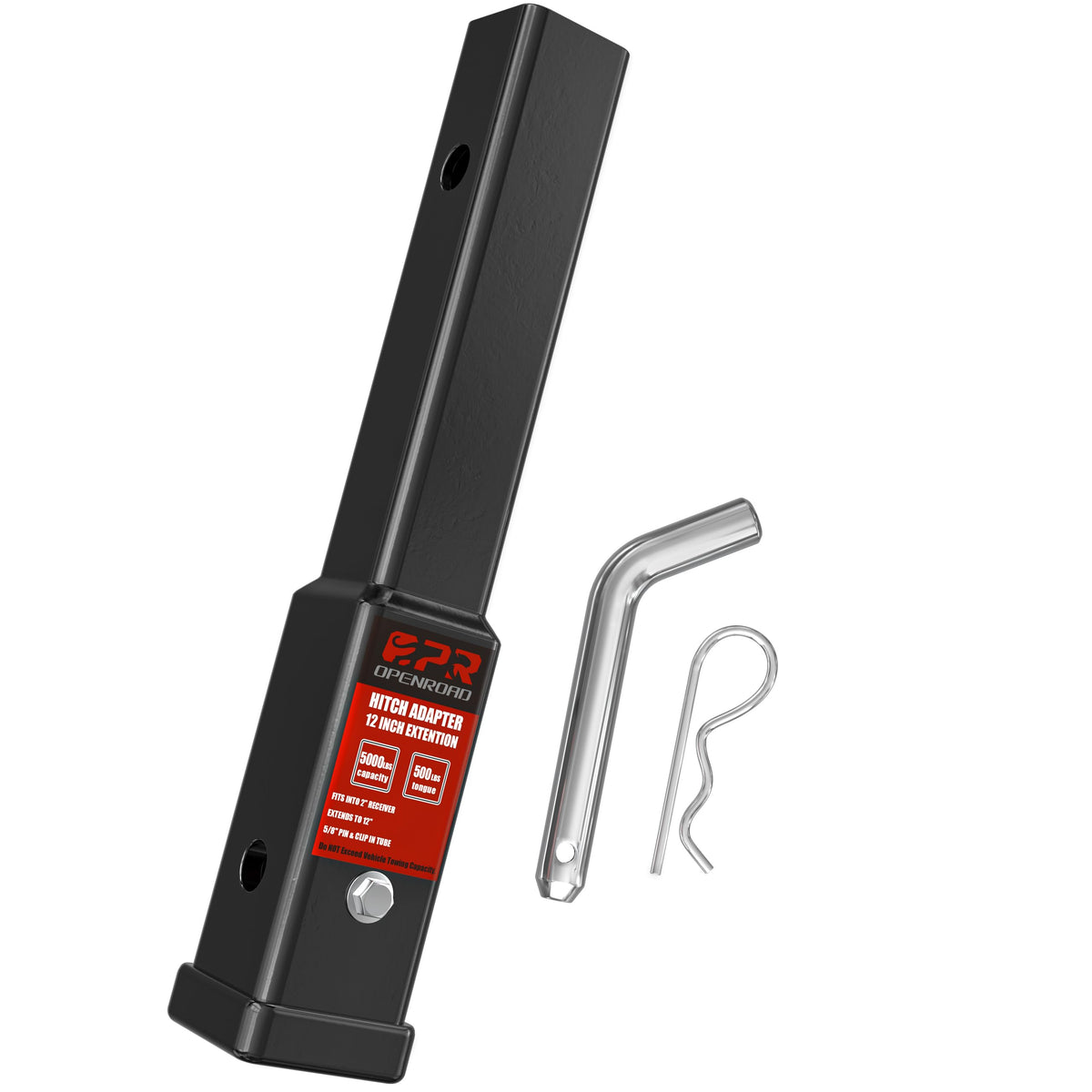 OPENROAD front view of 12-inch hitch extender showing receiver fit and clearance benefit
