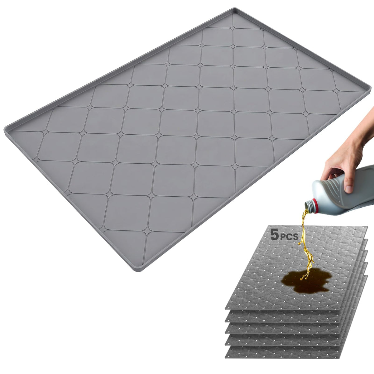OPSOOPI front view of 34x22 silicone drip pan protecting floor