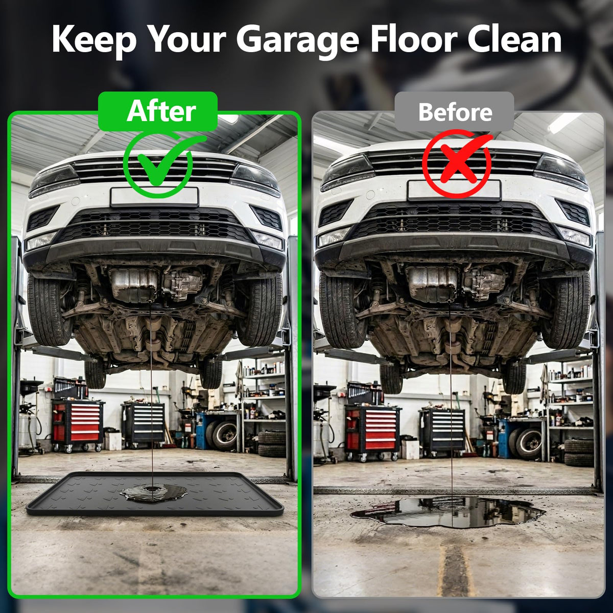 OPSOOPI positioned under car catching oil drips for clean garage floors