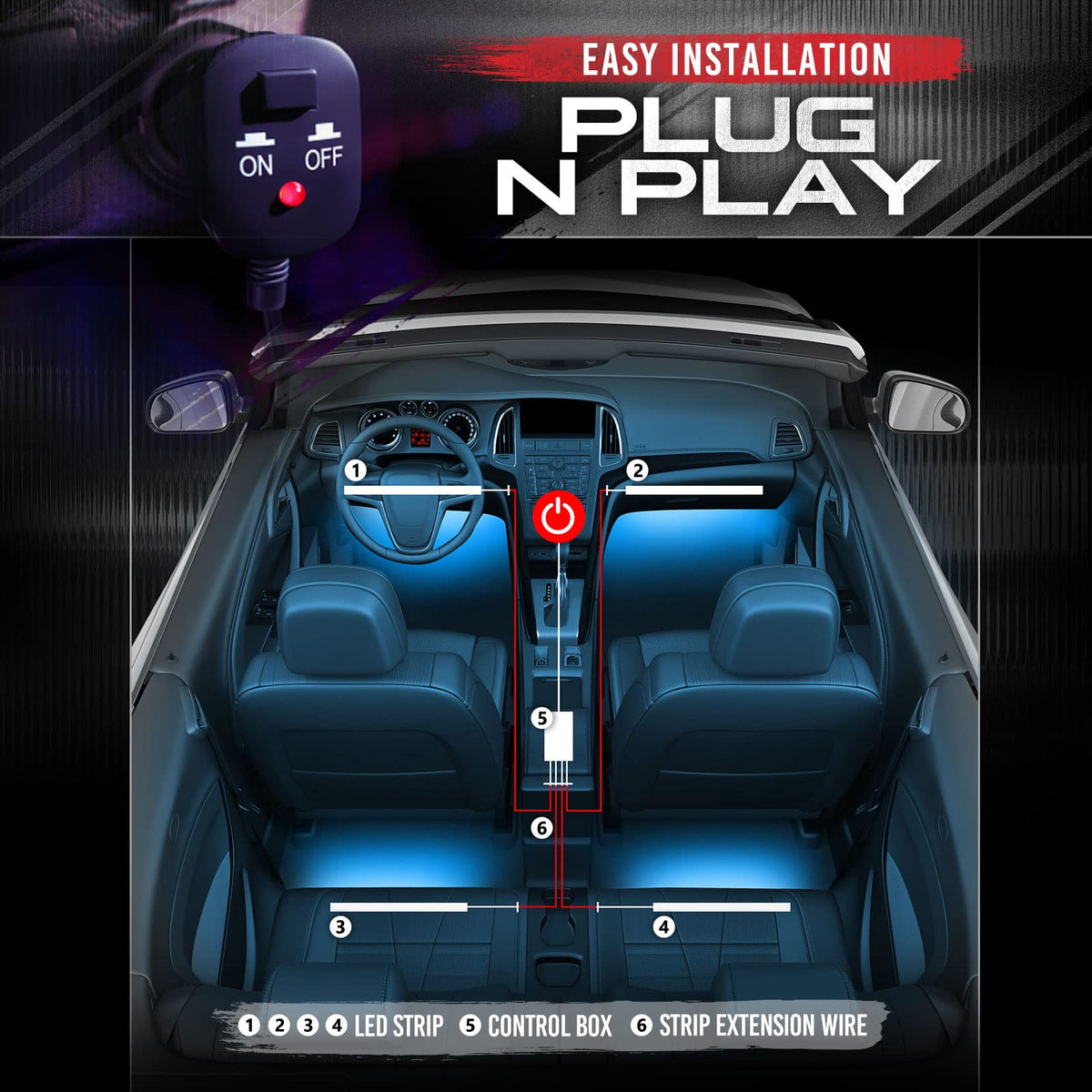 OPT7 footwell lighting lifestyle shot showing color impact and mood