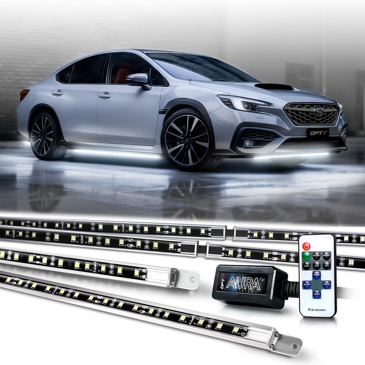 OPT7 Aura front view underbody glow showing bold white illumination and curb appeal