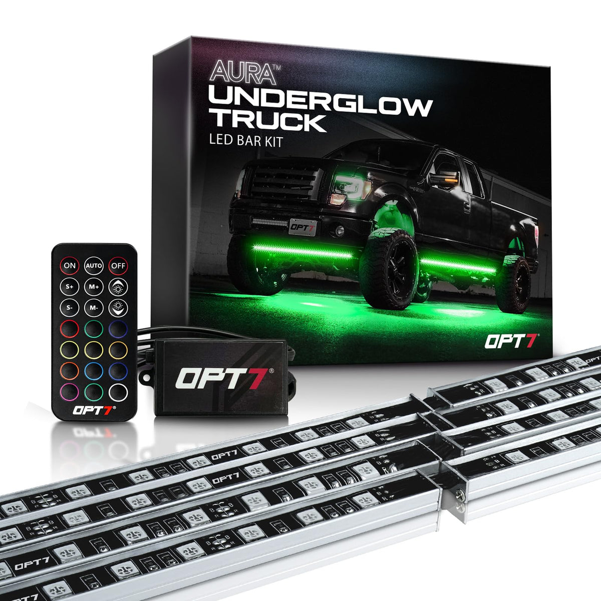OPT7 Aura front view showing full four-bar underglow for visibility