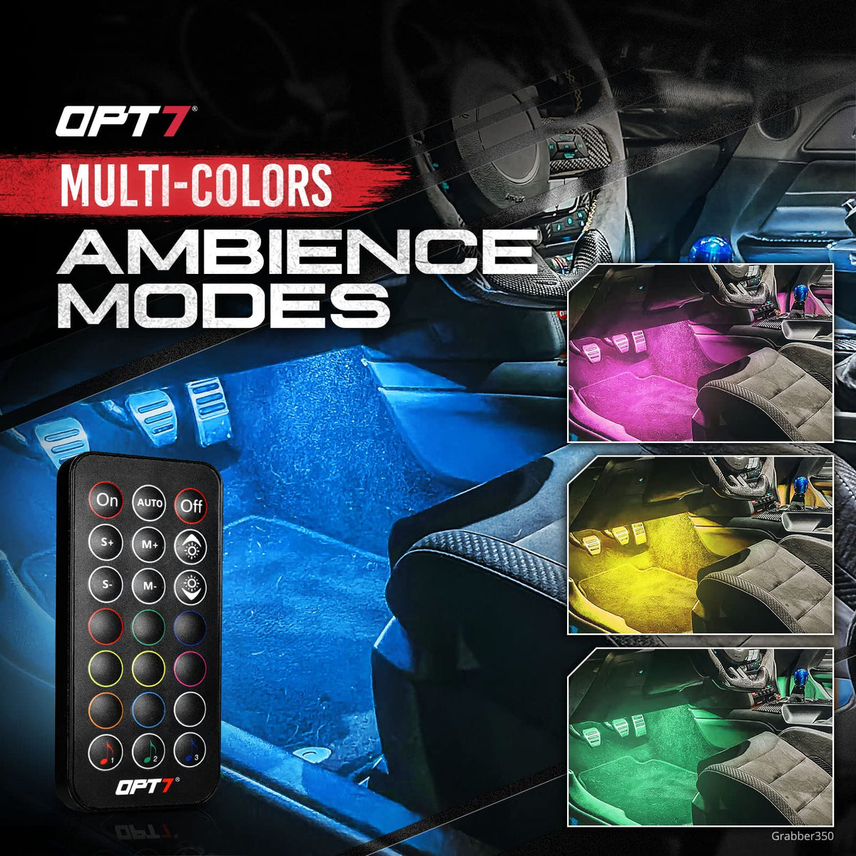 OPT7 strip mounted under dash illustrating neat installation and ambiance
