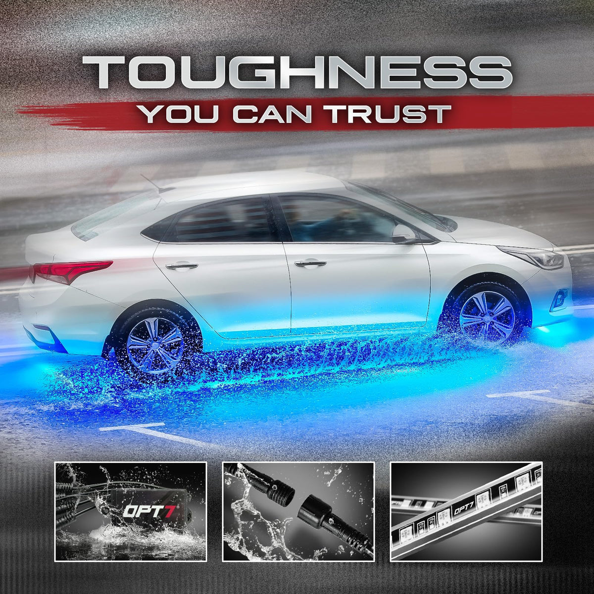 OPT7 Aura mounted under a sedan demonstrating secure fit and stylish effect