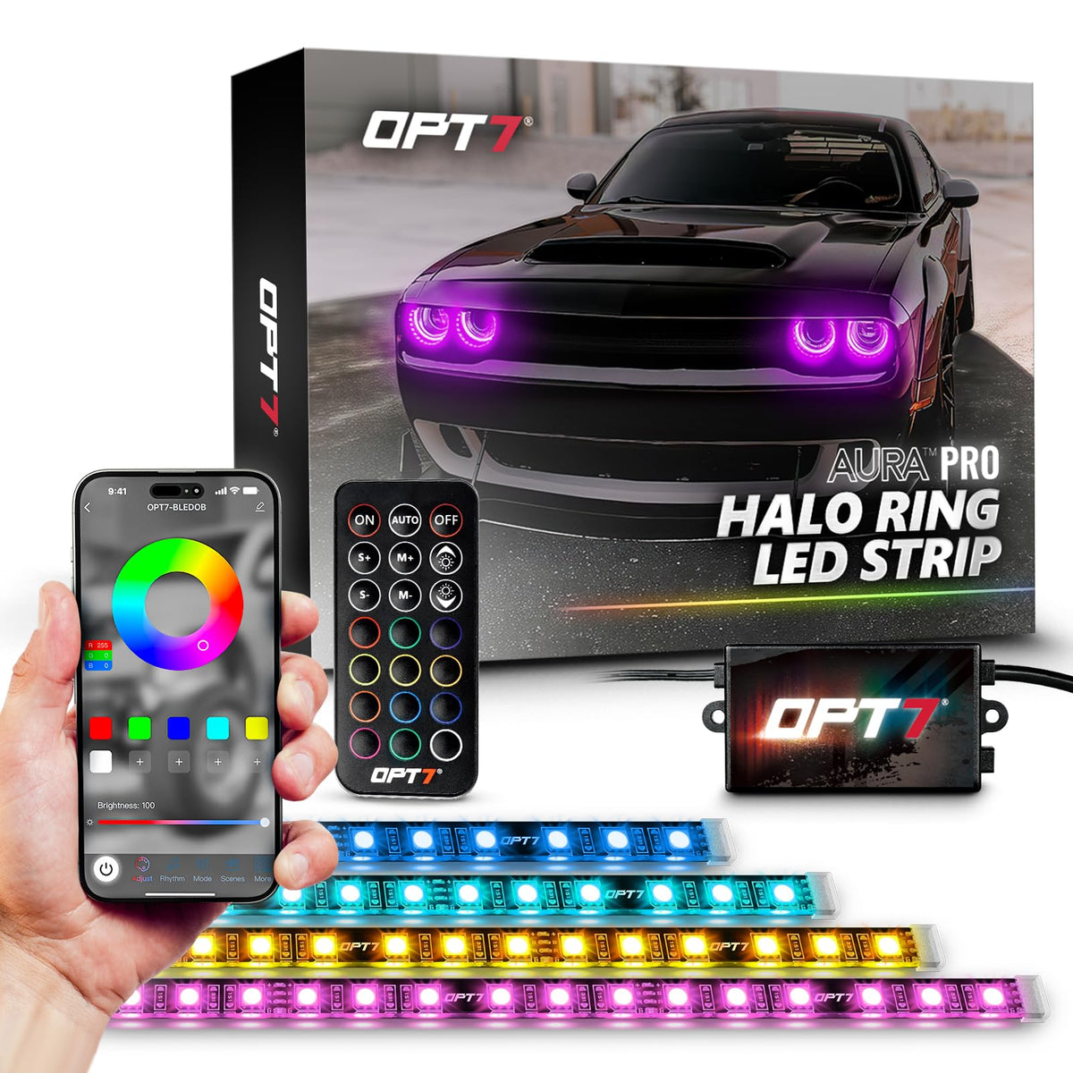 OPT7 Aura Pro front assembly installed showing clean fit and bold glow