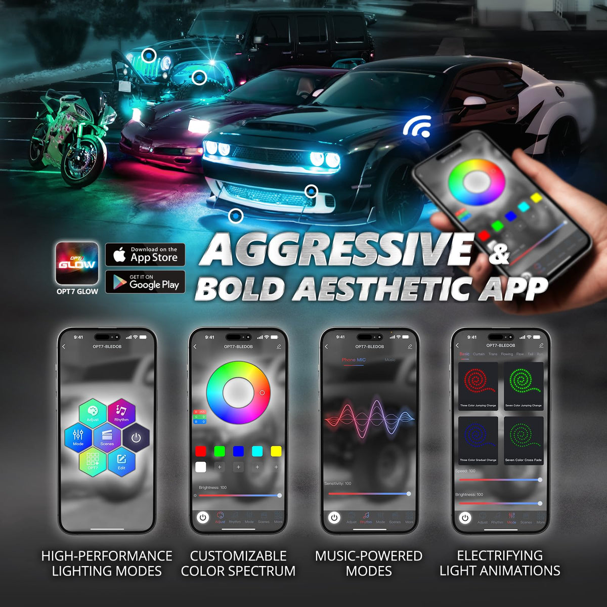 OPT7 Aura Pro installed on Dodge Challenger front highlighting enhanced styling