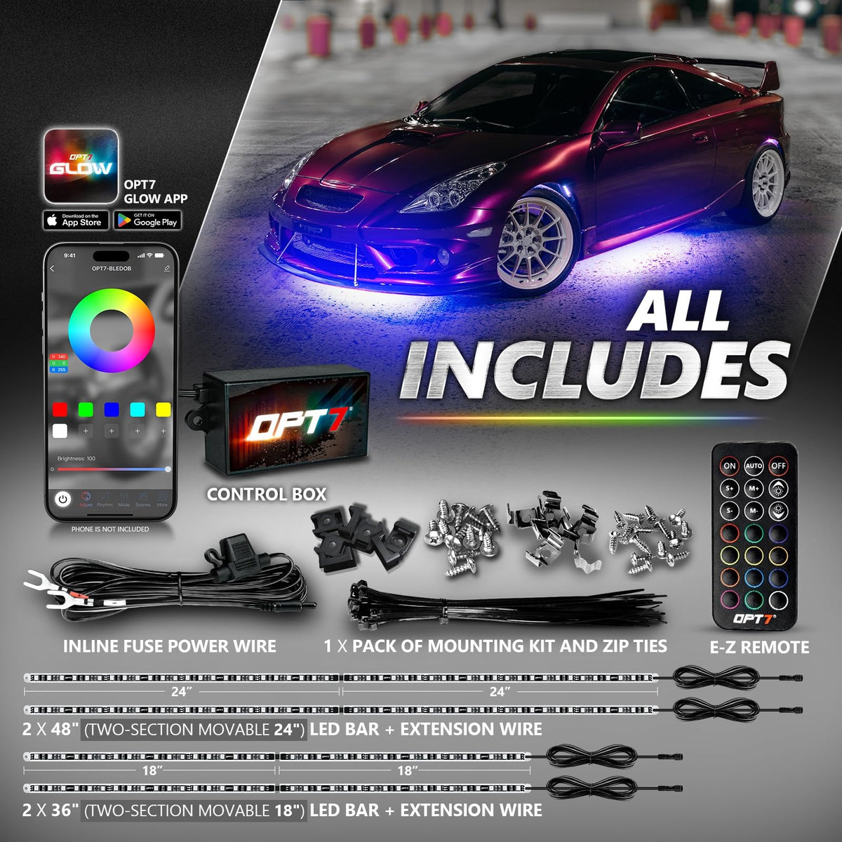 OPT7 Aura Pro on a car at night showing vivid color and atmosphere benefit