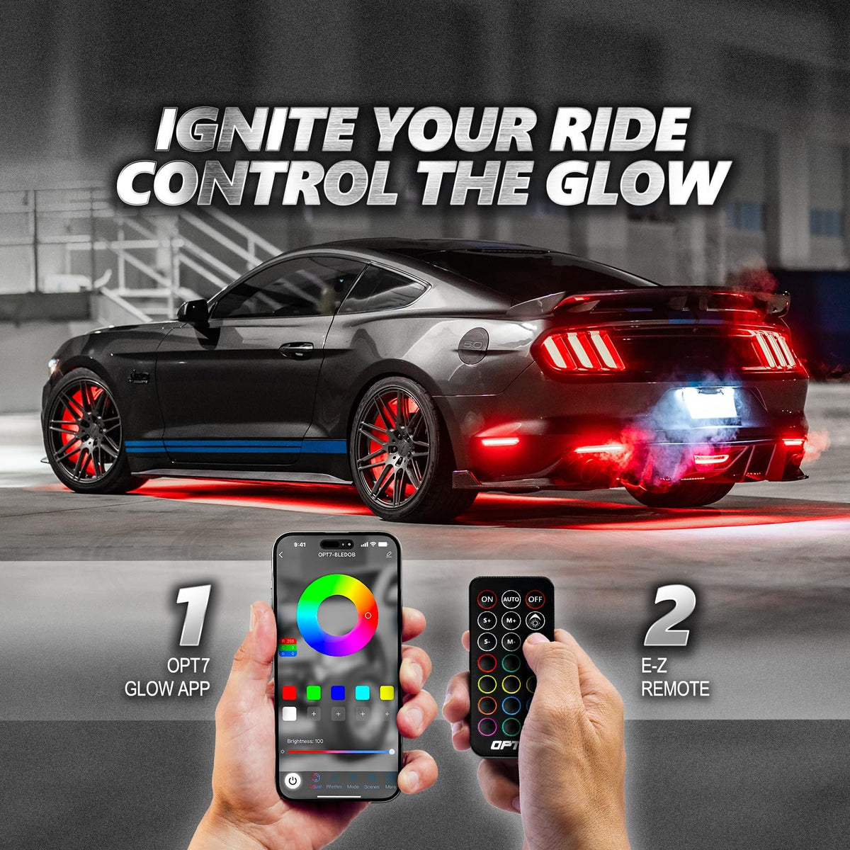 OPT7 phone app control screen displaying music-sync and color selection