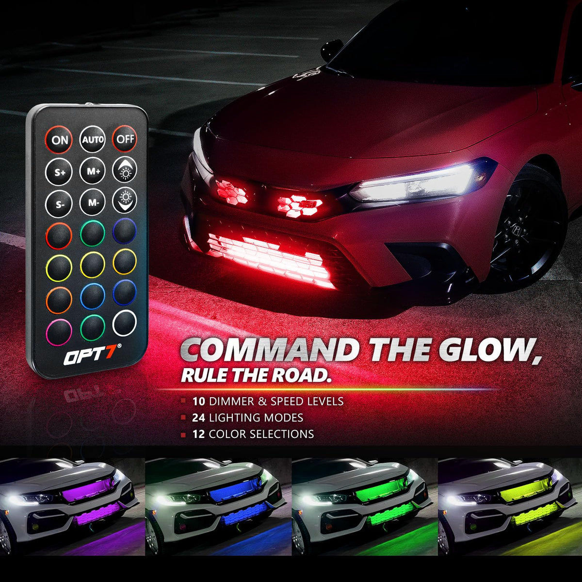 OPT7 Aura Pro remote control displaying quick-access color benefits