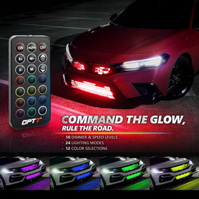 OPT7 Aura Pro remote control displaying quick-access color benefits