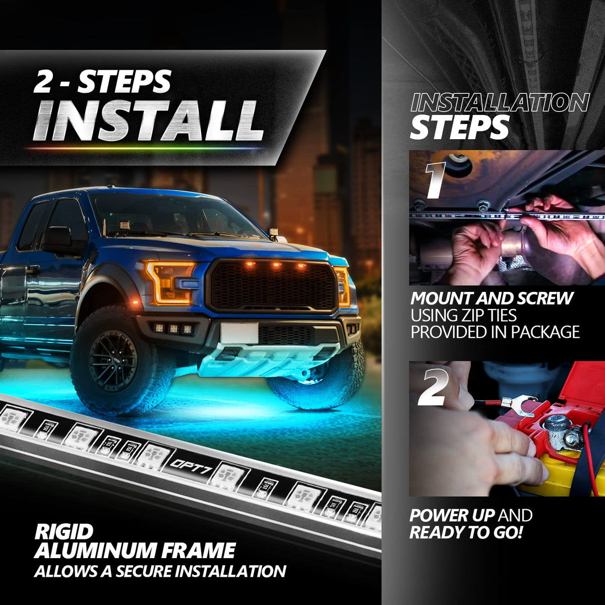 OPT7 underglow in rain illustrating water-resistant performance