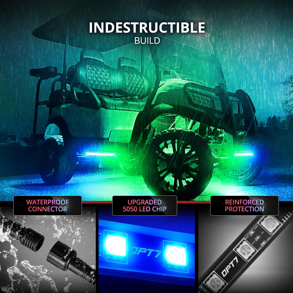OPT7 installed undercart front view showing even underglow illumination benefit