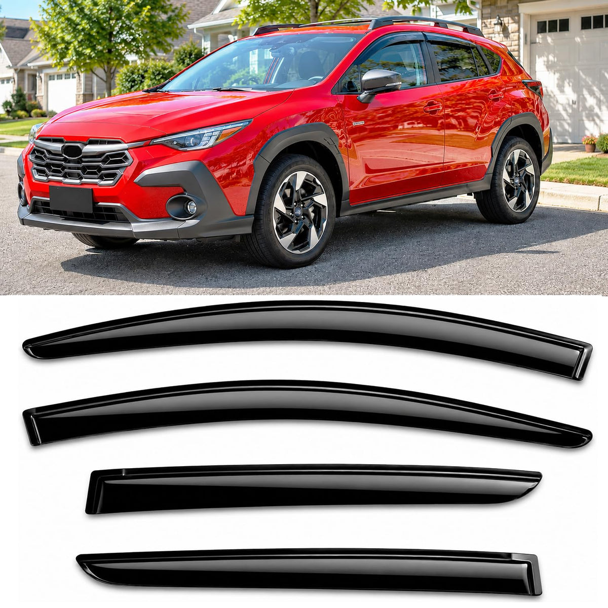 Optimal Co front view installed on Subaru showing improved style and rain protection