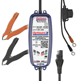 OptiMate front view showing compact charger and brand for reliable maintenance