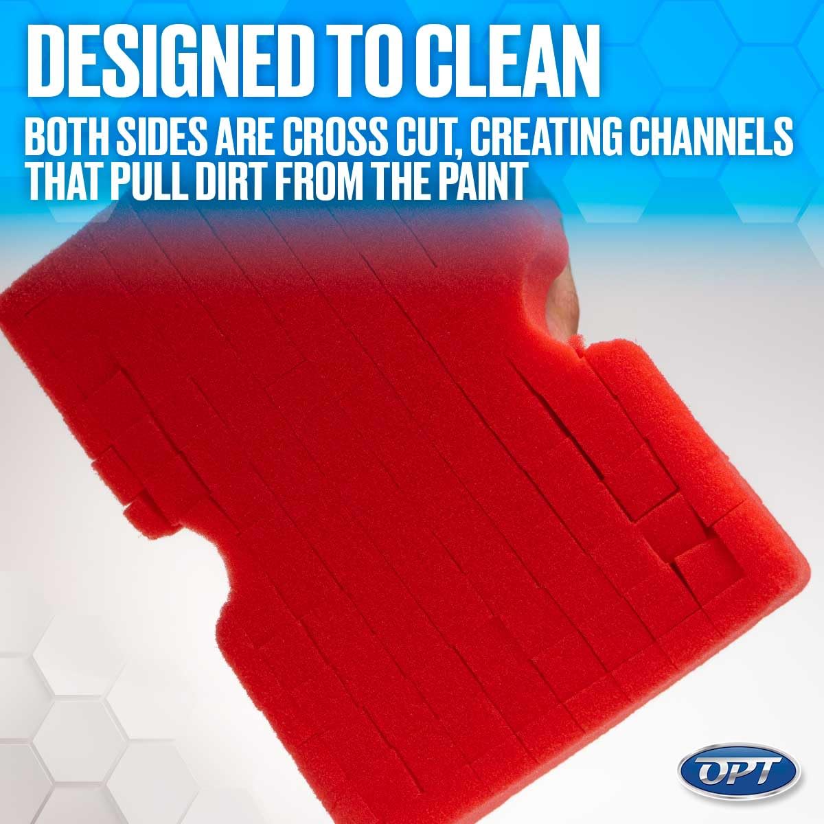 Optimum Big Red Sponge in use on car panel showing safe cleaning benefit