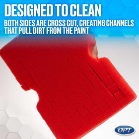 Optimum Big Red Sponge in use on car panel showing safe cleaning benefit