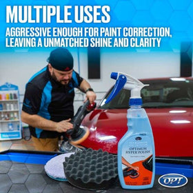Optimum Hyper Polish in a detailing bay showing professional glossy results