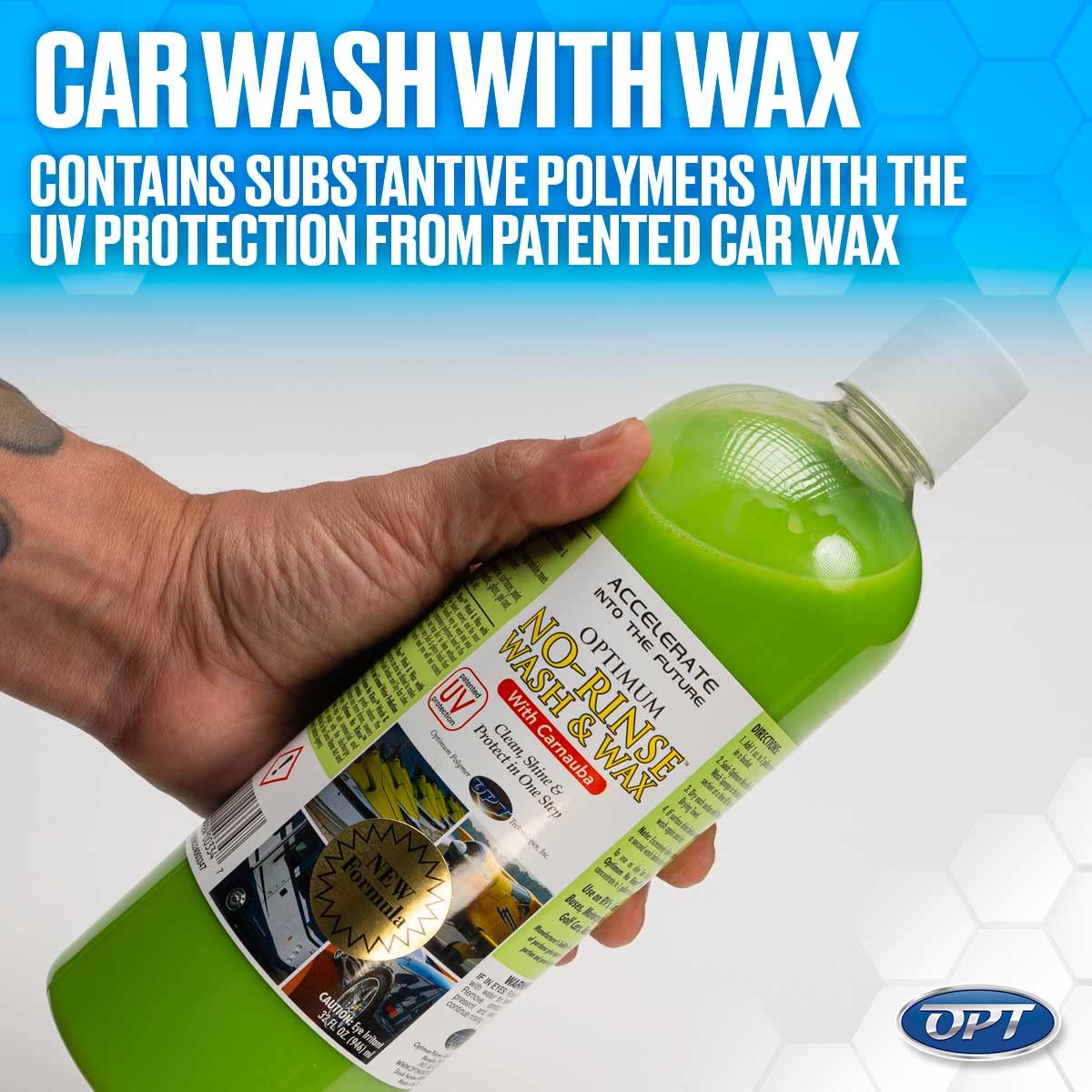 Optimum Polymer Technologies bottle close-up showing solution clarity and texture for safe cleaning