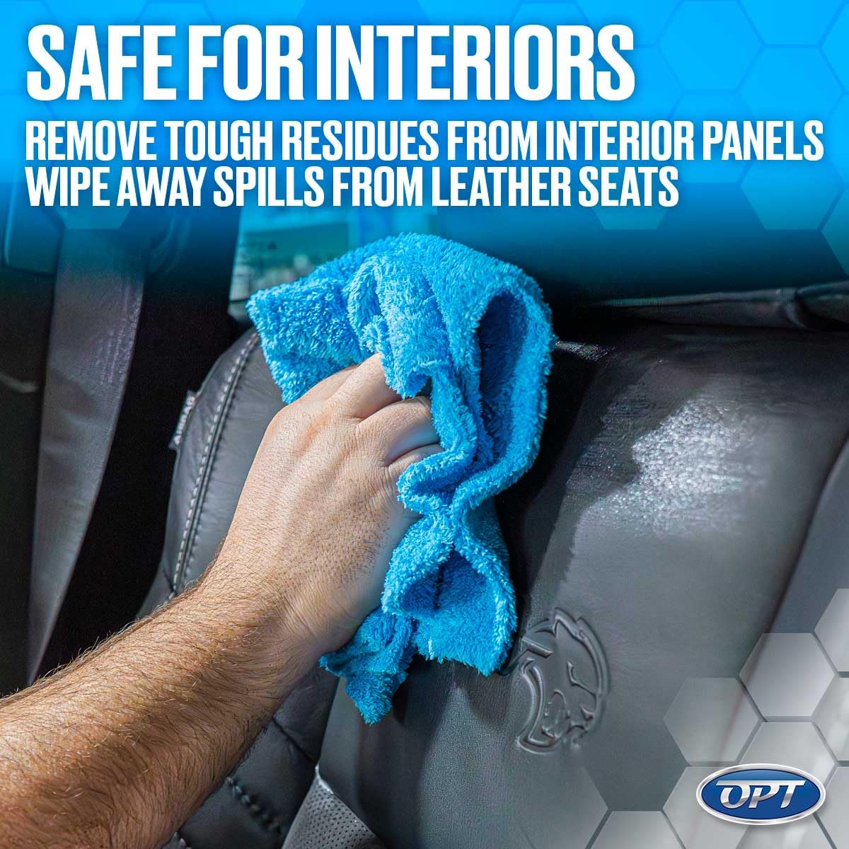 Optimum Power Clean wiping leather seat to remove spills and preserve texture