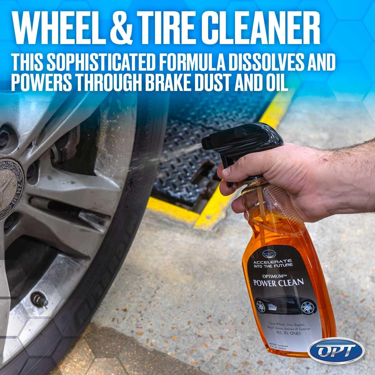 Optimum Power Clean spraying on car fender to remove bugs and tar effectively