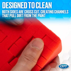 Optimum Big Red Sponge cleaning car door panel for safe dirt removal