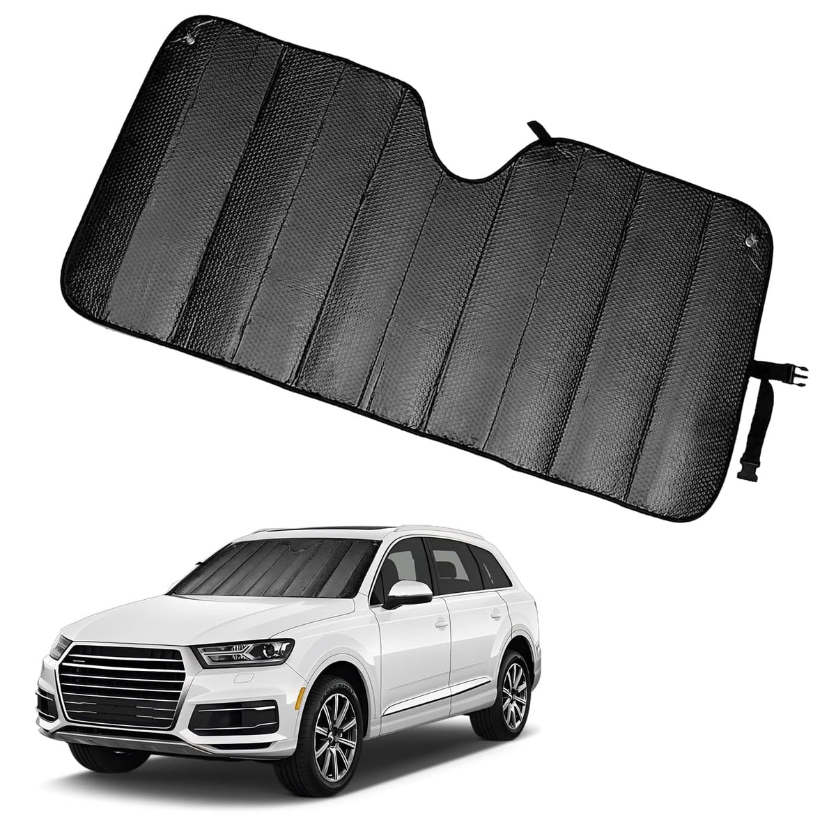 Opuweiy front view of packaged sunshade showing full size and black finish benefits heat reduction