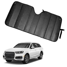 Opuweiy front view of packaged sunshade showing full size and black finish benefits heat reduction