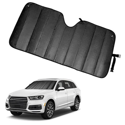 Opuweiy front view of packaged sunshade showing full size and black finish benefits heat reduction