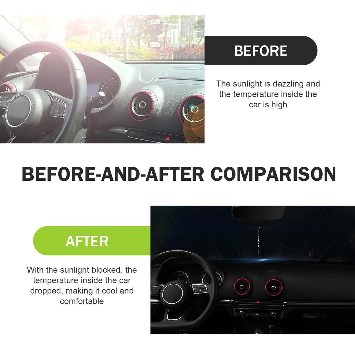 Opuweiy installed on windshield inside car demonstrating cool cabin and UV protection benefit
