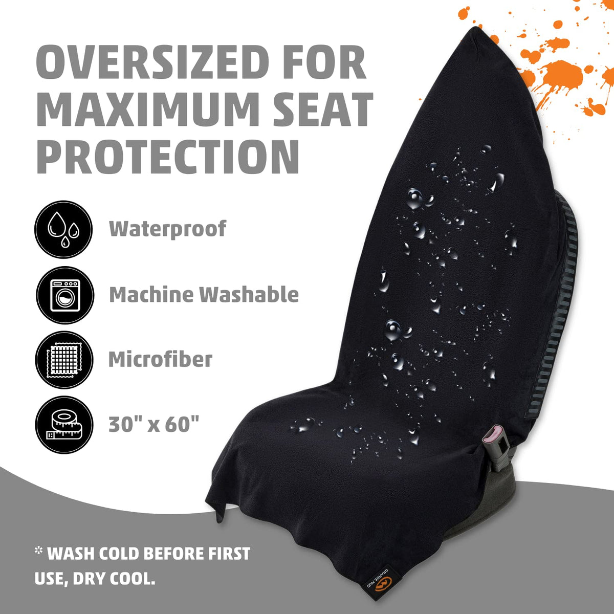Orange Mud seat protector in car showing clean upholstery benefit