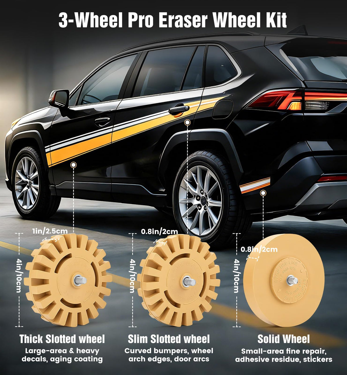 OrbitShell three rubber wheels laid out to show different profiles for control