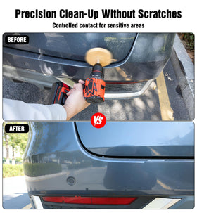 OrbitShell eraser wheel removing sticker from car panel for paint-safe results