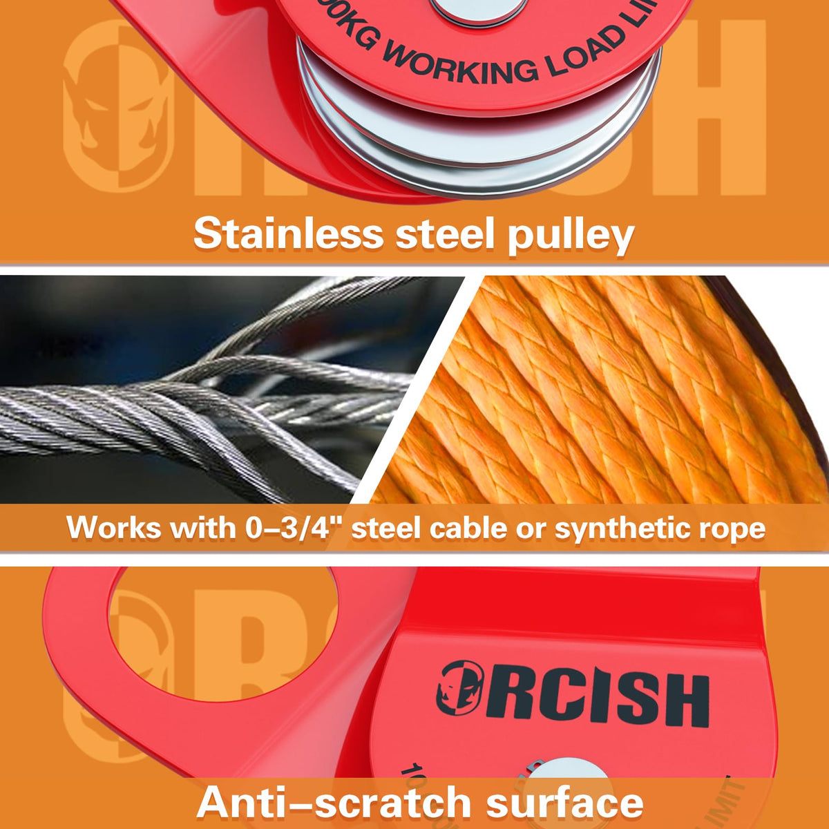 ORCISH block in use with rope setup demonstrating doubled winch pull advantage