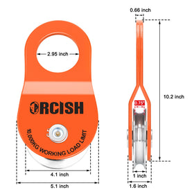 ORCISH close sheave detail showing smooth wheel and reduced rope wear benefit