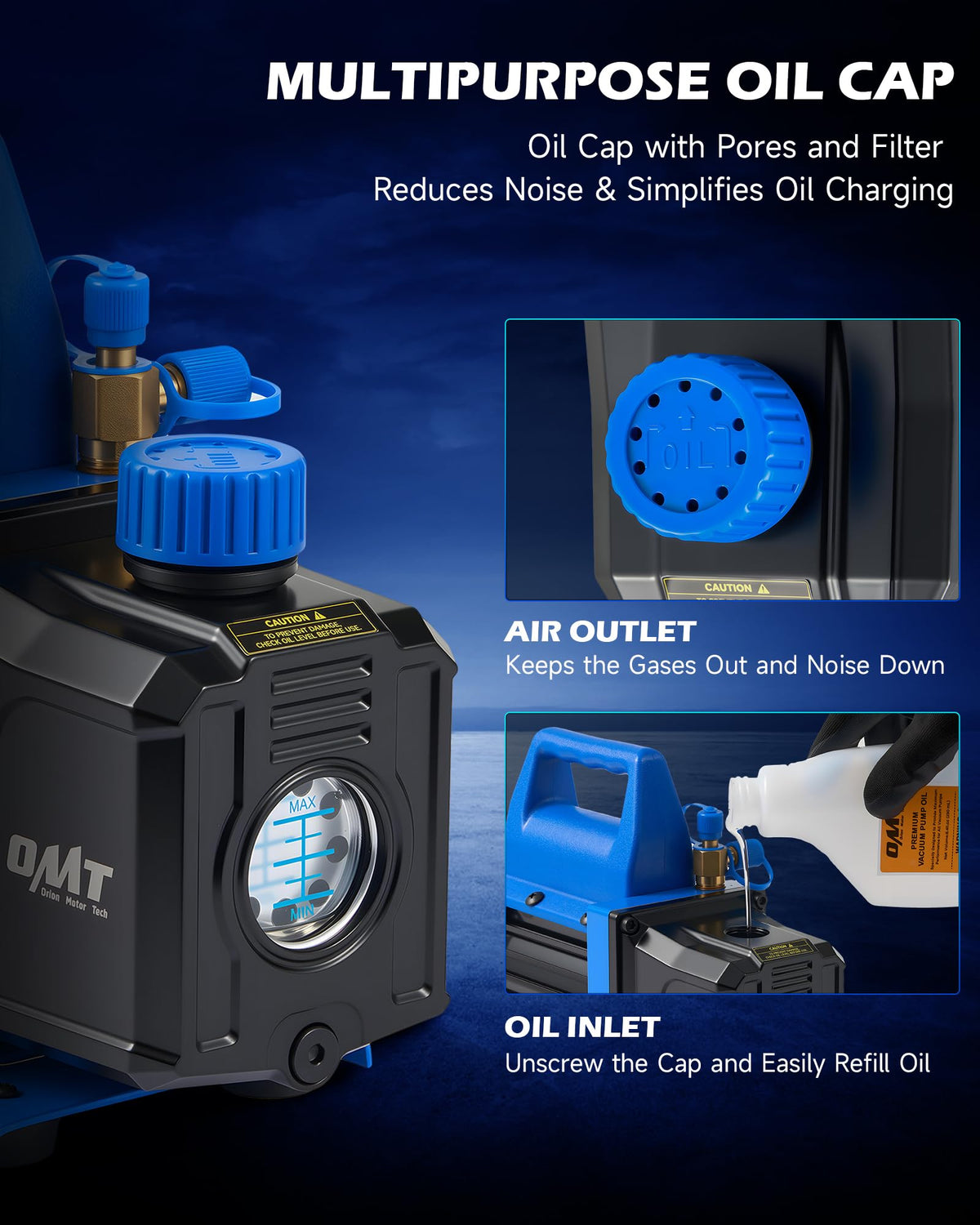 Orion Motor Tech hose connection ports with fittings for fast secure hookups