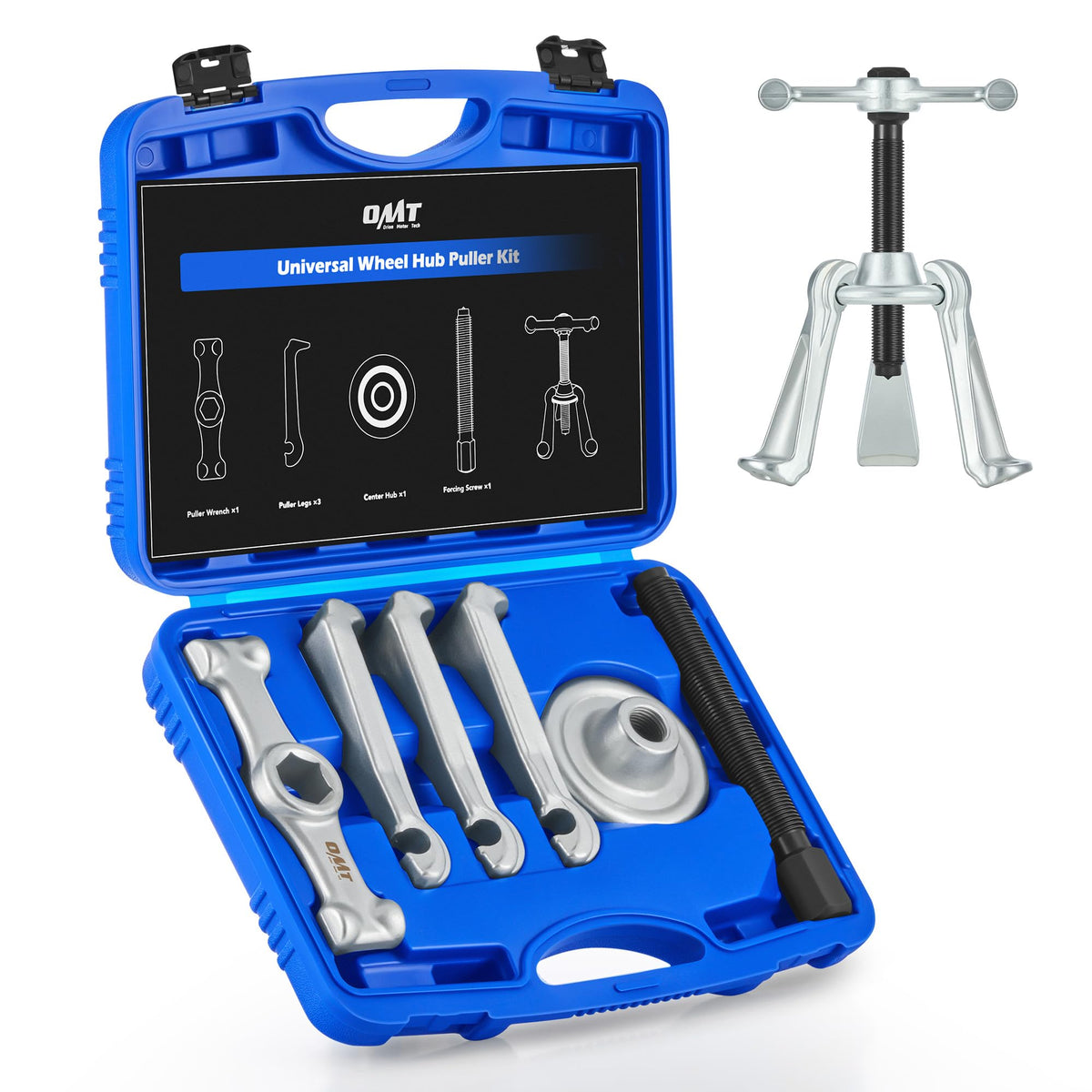 Orion Motor Tech front view of complete hub puller kit showing organized components and portability