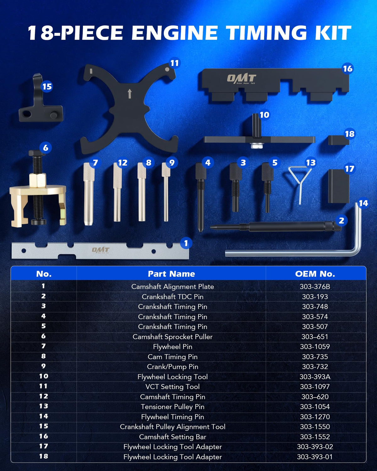 Orion Motor Tech timing kit staged on a workbench ready for professional engine service