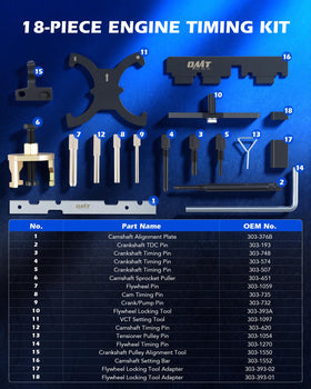 Orion Motor Tech timing kit staged on a workbench ready for professional engine service