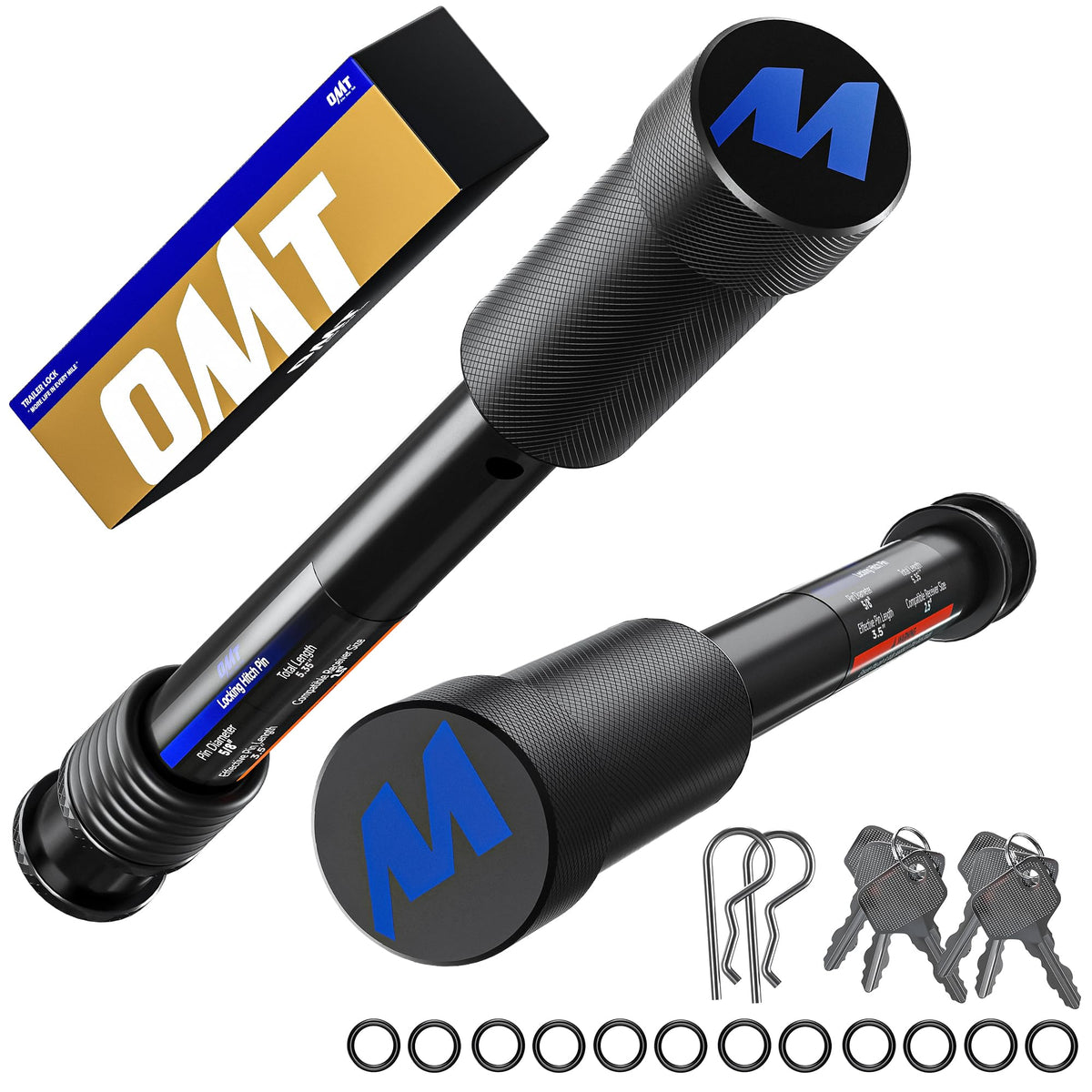 Orion Motor Tech front packaging showing two locking hitch pins and keys, secure storage benefit