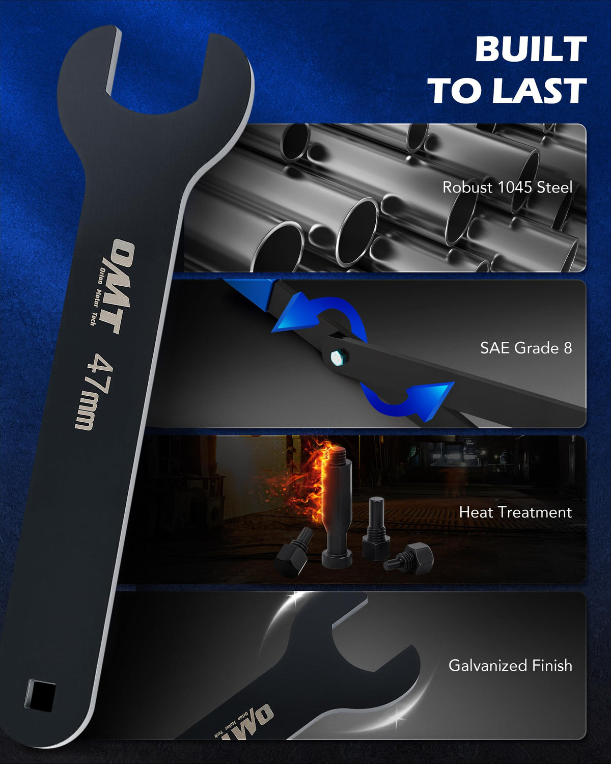 Orion Motor Tech steel marking close-up showing 1045 heat-treated durability